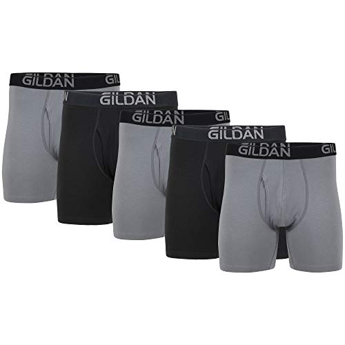Gildan Herren Cotton Stretch Boxer Brief, Multipack Retroshorts, Grauer Flanell/schwarzer Ruß (5er-Pack, normales Bein), Medium von Gildan