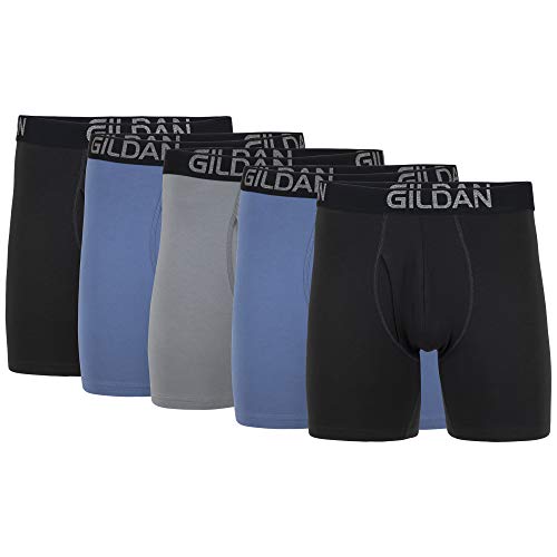Gildan Herren Boxershorts aus Baumwoll-Stretch, Multipack Retroshorts, Black Soot, Slate Blue, Grey Flanell (5er-Pack), Medium von Gildan