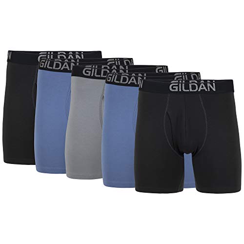 Gildan Herren Cotton Stretch Boxer Brief, Multipack Retroshorts, Schwarzer Ruß-/Schieferblau/Grau-Flanell (5er-Pack, normales Bein), Medium von Gildan