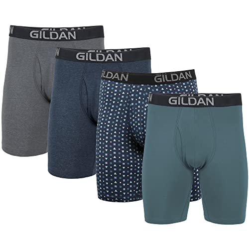 Gildan Herren Cotton Stretch Boxer Brief, Multipack Retroshorts, Hthr Dunkelgrau/Hthr Marineblau/Formen/Blau (4er-Pack, langes Bein), Medium von Gildan