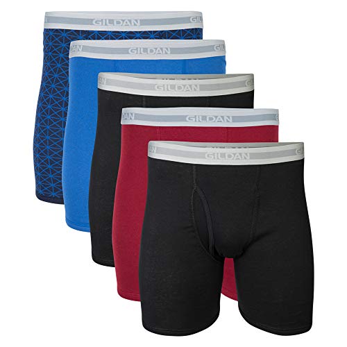 Gildan Herren Underwear Boxer Briefs, Multipack Retroshorts, Schwarz/Granat/Königsblau/Diamant (5er-Pack, Klassische Länge), Large von Gildan