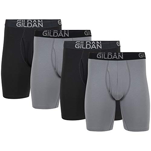 Gildan Herren Boxershorts aus Baumwoll-Stretch, Multipack Retroshorts, Grauer Flanell/schwarzer Ruß (4er-Pack, langes Bein), X-Large von Gildan