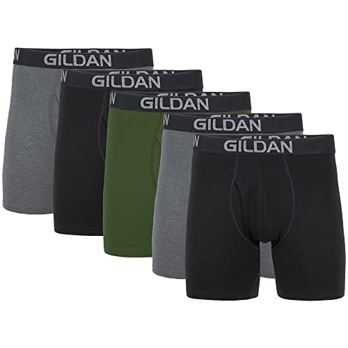 Gildan Herren Cotton Stretch Regular Leg Boxer Brief Retroshorts, Heather Dark Grey/Black Soot/Green Midnight (5er-pack), L EU von Gildan