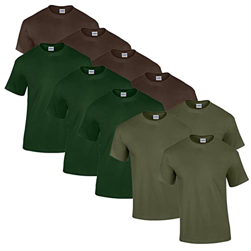 Gildan Herren Heavy Cotton Adult T-Shirt T Shirt, 4X Dark Chocolate, 3X Military Green, 3X Forest Green + 1 HL-Kauf Block, XXL von Gildan