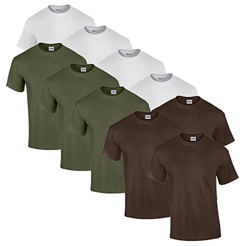 Gildan Herren Heavy Cotton Adult T-Shirt T Shirt, 4X Weiss, 3X Military Green, 3X Dark Chocolate + 1 HL-Kauf Block, L von Gildan