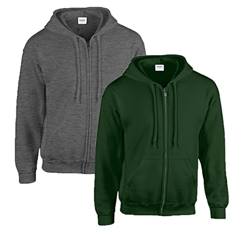 Gildan Herren Kapuzenpullover Adult 50/50. Full Zip Hooded Sweat/18600, Einfarbig (M, 1x Dark Heather + 1x Forest Green + 1x HL Kauf Notizblock) von Gildan