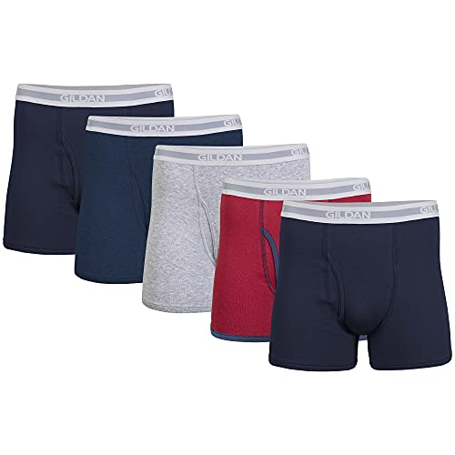 Gildan Herren Unterwäsche, Boxershorts, Multipack Retroshorts, Marineblau/Heather Navy/Sport Grey/Dot/Navy (5er-Pack, kürzere Länge), Large von Gildan