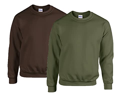 Gildan Herren Sweatshirt 50/50 Adult Crewneck Sweat, 1x Dark Chocolate + 1x Military Green + 1x HL Kauf Notizblock, L von Gildan