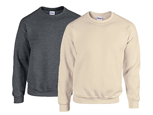 Gildan Herren Sweatshirt 50/50 Adult Crewneck Sweat, 1x Dark Heather + 1x Sand + 1x HL Kauf Notizblock, M von Gildan