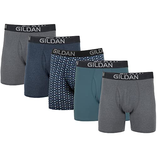 Gildan Herren Cotton Stretch Boxer Brief, Multipack Retroshorts, Hthr Dunkelgrau/Hthr Navy/Formen/Blau (5er-Pack, Regular Leg), X-Large von Gildan