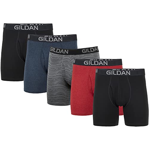 Gildan Herren Cotton Stretch Boxer Brief, Multipack Retroshorts, Schwarz/Heather Navy/Stripe/Heather Red (5er-Pack, normales Bein), X-Large von Gildan