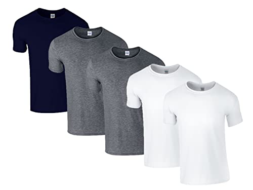Gildan Soft-Style Herren T-Shirt, Kurzarm, Rundhalsausschnitt, 2X Weiss, 2X Dark Heather, 1x Navy & 1 HLKauf Block, XL (5er Pack) von Gildan