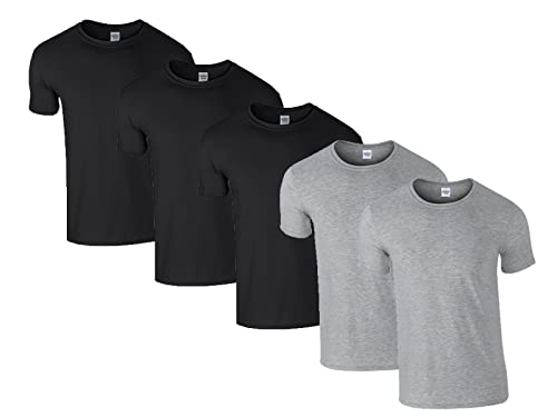 Gildan Soft-Style Herren T-Shirt, Kurzarm, Rundhalsausschnitt, 3X Schwarz, 2X Sportgrey & 1 HLKauf Block, M (5er Pack) von Gildan