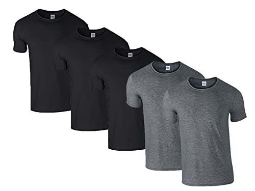 Gildan Herren 64000 T-Shirt, 3X Schwarz, 2X Dark Heather & 1 HLKauf Block, M (5er Pack) von Gildan