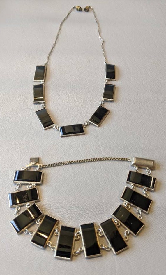 Art Deco Silber Onyx Panel Link Demi Parure-Vintage 1930Er Jahre Fine Jewelry-Halskette & Armband von GildedAgeJewels