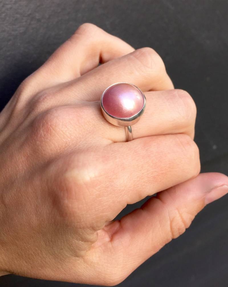 14 Mm Pinke Mabe Südseeperle Aaa in Sterling Silber Gefasst | Meerjungfrau Schmuck Boho Juni Geburtsstein Perlenring von GildedBug