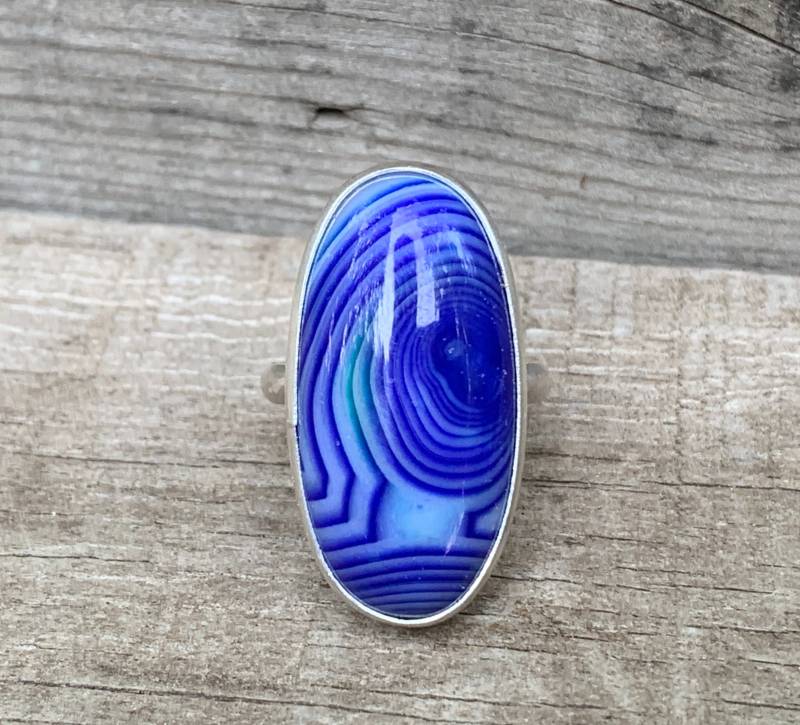 Einer Der Eine Art Groß Oval Swirly Blau Und Weiß Achat Sterling Silber Ring | Statement Wählen Sie Ihren Stein Ihre Größe Boho von GildedBug