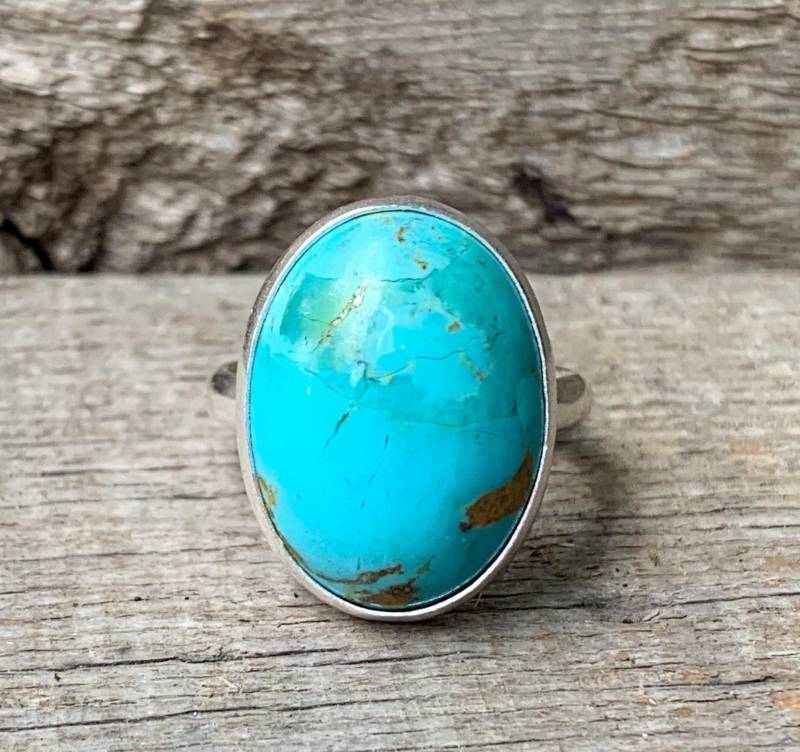 Groß Oval Tibet Türkis Sterling Silber Ring | Blauer Stein Boho Statement Dezember Geburtsstein Größe 7, 5-8 von GildedBug