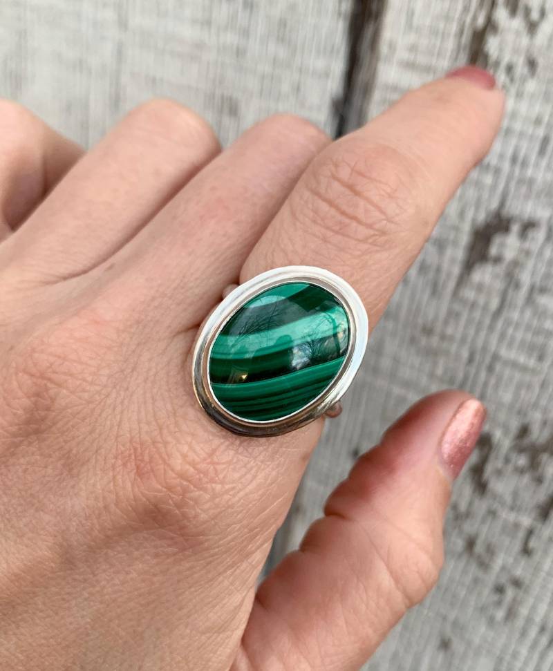 Oval Malachit Sterling Silber Ring Mit Plattform | Rosenquarz Amethyst Rubin Zoisit Achat Goldfluss Aventurin von GildedBug