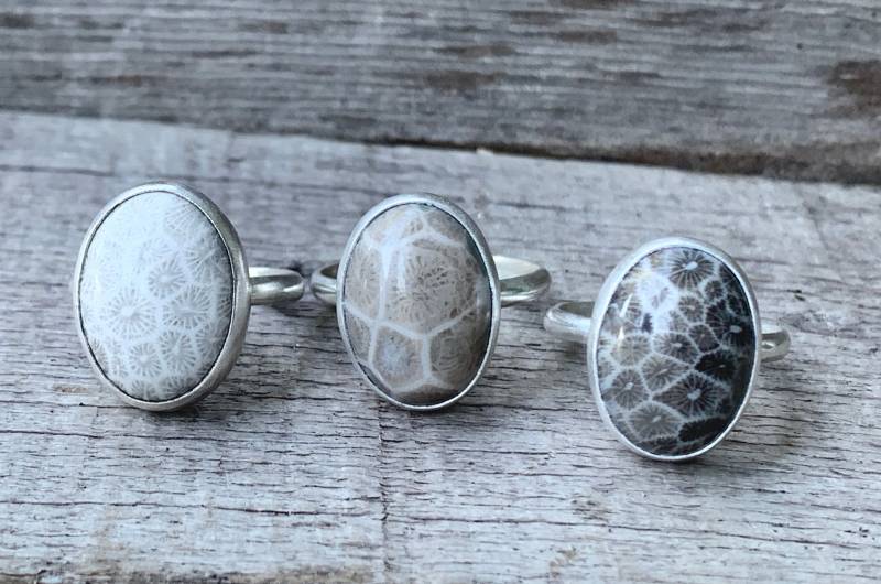 Weiß Und Grau Koralle Fossilien Ring | Fossil Silber Sternschnuppe Petoskey Boho Wippe Kantig von GildedBug