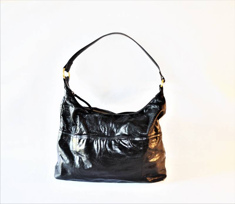 Schwarze Lackleder Handtasche Goth Stil Schultertasche Latico Nj Usa Rotes Leder Designer Geldbörse American Design Black Besitzte Business Shop von GildedCageAtelier