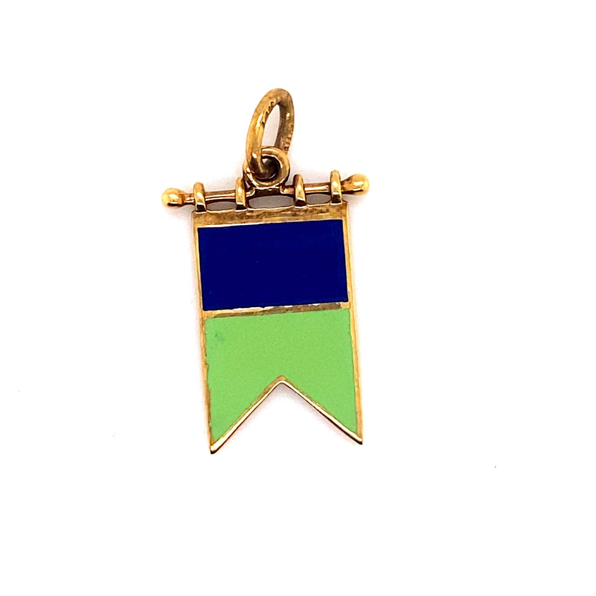 Vintage 14K Gelbgold Blau Und Grün Emaille Flagge Charm von GildedTimes