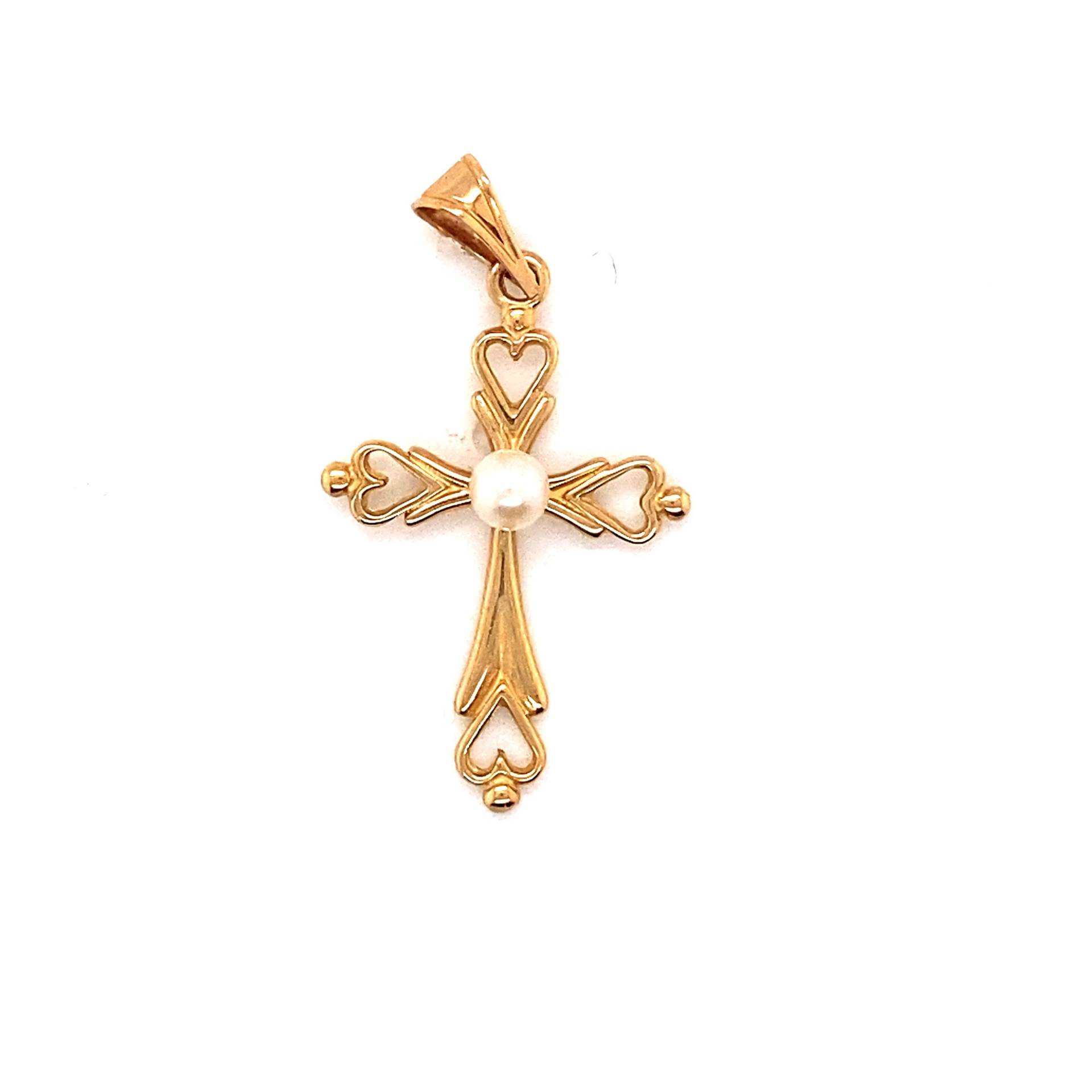 Vintage 14K Gelbgold Kreuz Mit Herzen Und Perlen Charm Anhänger von GildedTimes