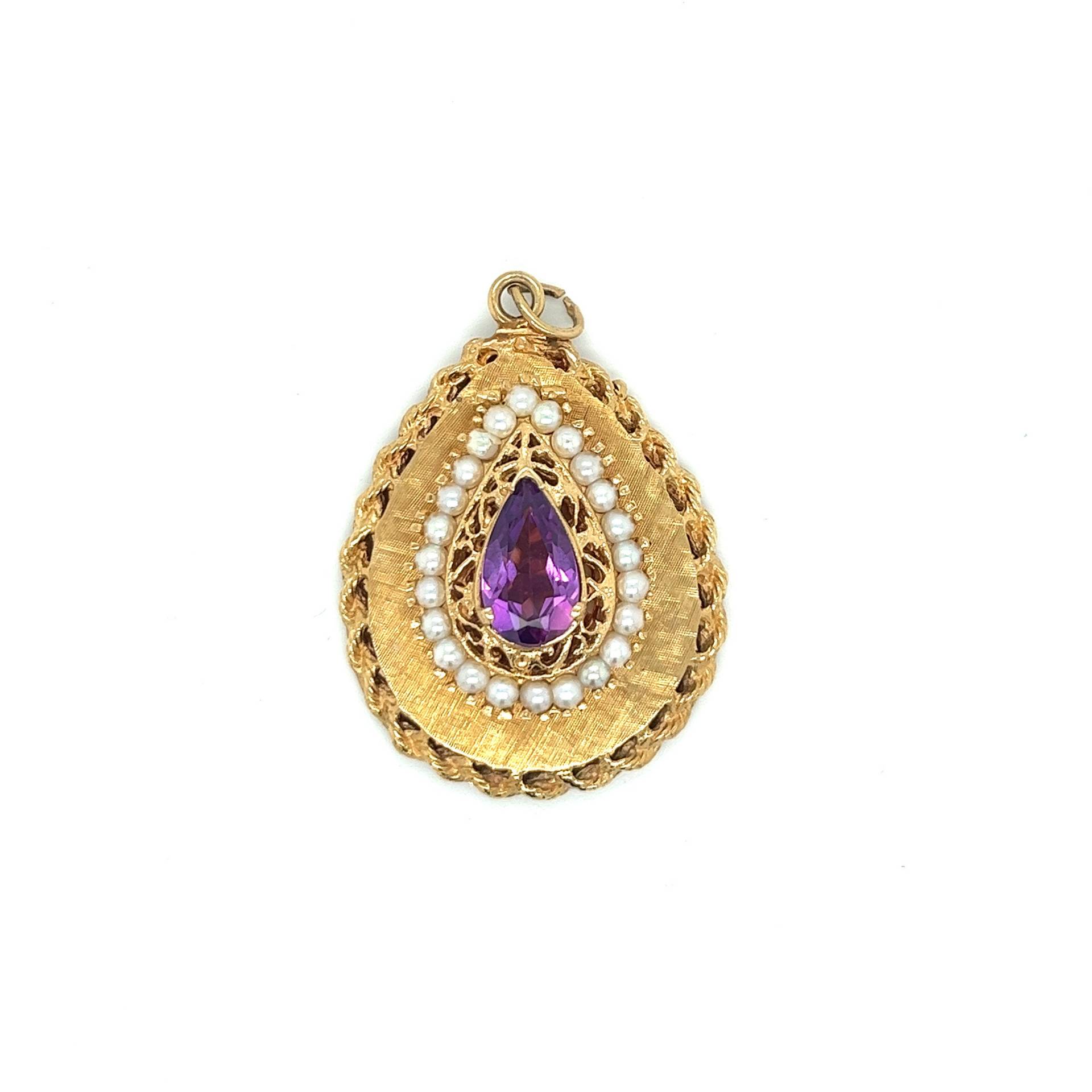 Vintage 14K Gelbgold Tropfen Amethyst Und Perle Medaillon Anhänger Charm von GildedTimes