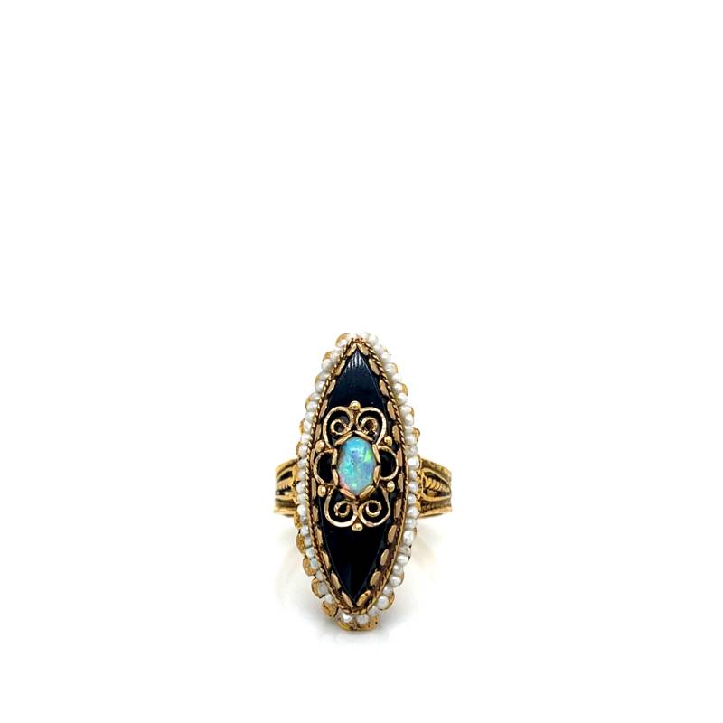 Vintage 1970 14K Gelbgold Onyx Ring Mit Opal Und Perlen von GildedTimes