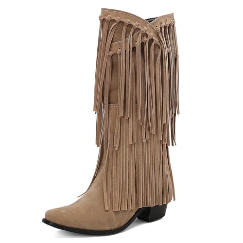 GiledGrace Damen Chic Franse Cowboy Stiefel Square Toe Schlupf Kniehoch Stiefel Chunky Blockabsatz Cowgirl Boot Beige Große 39 von GiledGrace