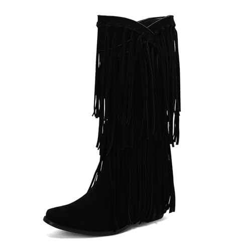 GiledGrace Damen Chic Franse Cowboy Stiefel Square Toe Schlupf Kniehoch Stiefel Chunky Blockabsatz Cowgirl Boot Black Große 36 von GiledGrace