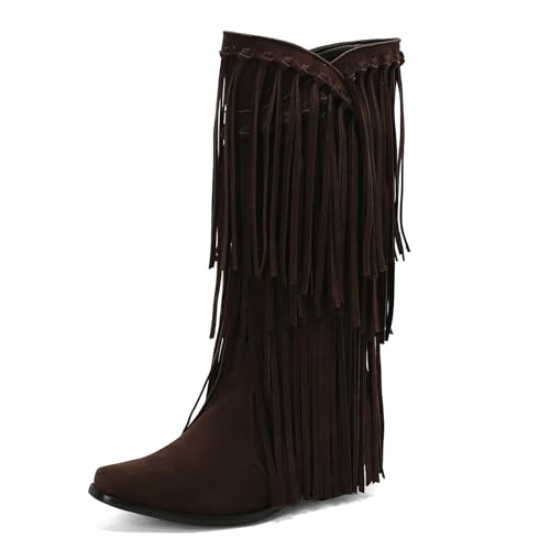 GiledGrace Damen Chic Franse Cowboy Stiefel Square Toe Schlupf Kniehoch Stiefel Chunky Blockabsatz Cowgirl Boot Brown Große 37 von GiledGrace