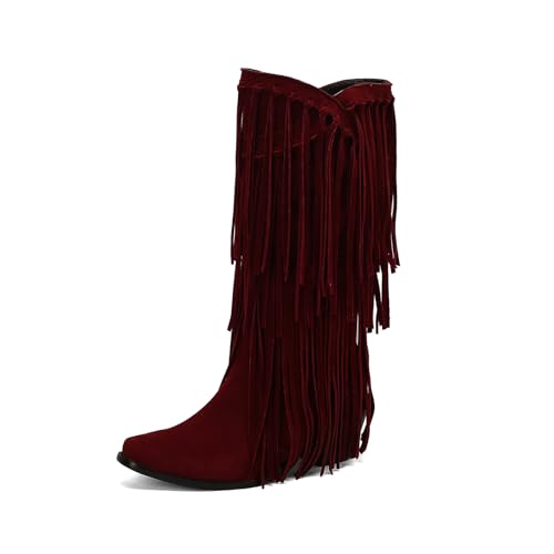 GiledGrace Damen Chic Franse Cowboy Stiefel Square Toe Schlupf Kniehoch Stiefel Chunky Blockabsatz Cowgirl Boot Red Große 43 von GiledGrace