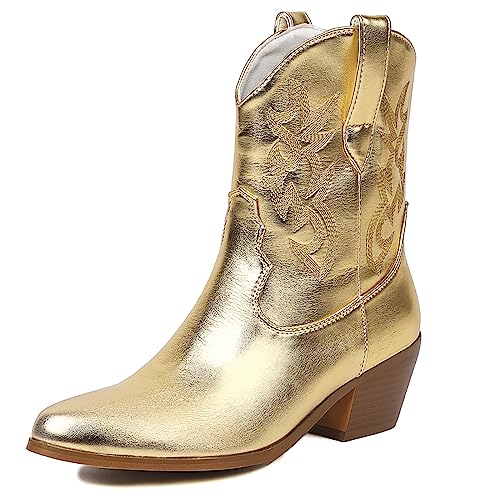 GiledGrace Damen Embroidered Cowboy Stiefel Ohne Verschluss Western Stiefelettens Metallic Knöchel Stiefel Causal Party Gold Große 47 von GiledGrace