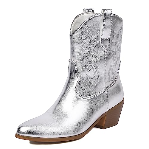 GiledGrace Damen Embroidered Cowboy Stiefel Ohne Verschluss Western Stiefelettens Metallic Knöchel Stiefel Causal Party Silver Große 41 von GiledGrace