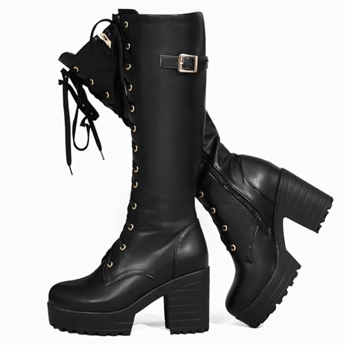 GiledGrace Damen Mode Plateau Chunky Heel Stiefel Schnüren Kniehoch Stiefel with Schnalle Chain Motorradstiefel Black Große 39 von GiledGrace