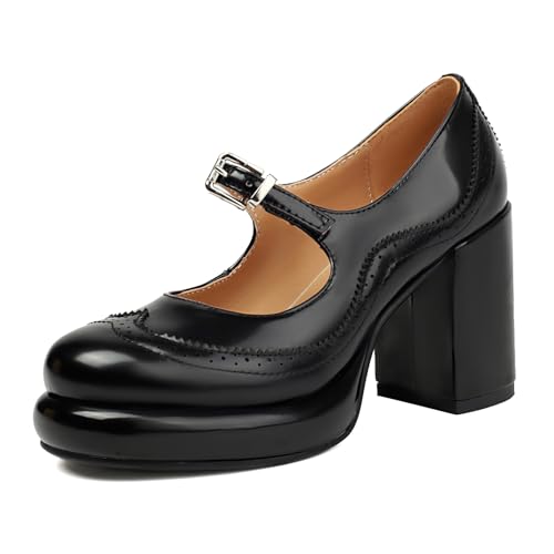 GiledGrace Damen Patent Vintage Riemchenschuhe Schuhe Block Hoher Absatz Pumps mit Absatz Knöchelriemen Round Geschlossene Spitze Absatzs Schwarz Größenangabe 42 von GiledGrace