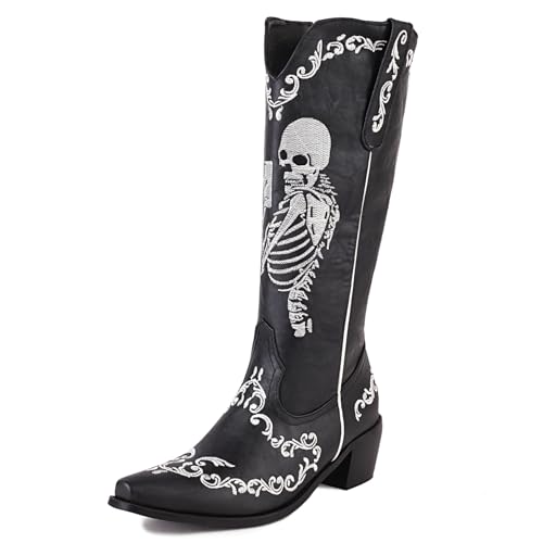GiledGrace Damen Skull Embroidered Cowboy Stiefel Wadenhoch Western Stiefel Chunky Heel Wide Calf Cowgirl Boot Ohne Verschluss Black Große 46 von GiledGrace