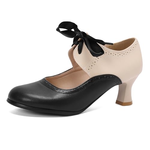 GiledGrace Damen Vintage Riemchenschuhe Schuhe 50s Low Kitten Absatzs Runde Spitze Zwei Tone Schnürung Wingtip Schuhe Ausgeschnitten Damen's Kleid Pumps Schwarz Größenangabe 40 von GiledGrace