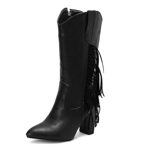 GiledGrace Mode Damen Franse Cowboy Stiefel Wadenhoch Embroidered Höhen Chunky Heel Schlupf Cowgirl Boot Pointed Toe Western Schuhe Side Reißverschlussper Black Große 34 von GiledGrace
