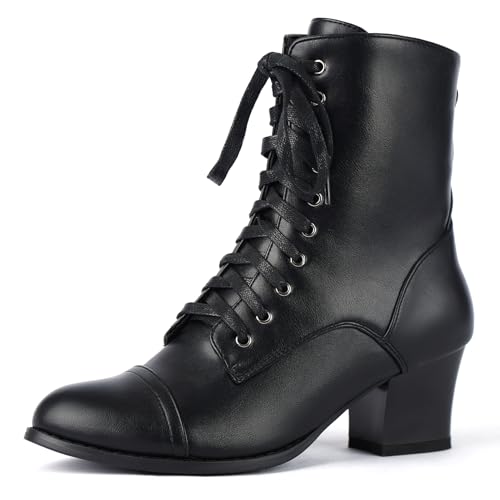 GiledGrace Schwarze kurze Stiefeletten Schnürung für Frauen Seitlicher Reißverschluss Viktorianische Stiefeletten Block Chunky Mid Heel Schwarz Größe 37 von GiledGrace
