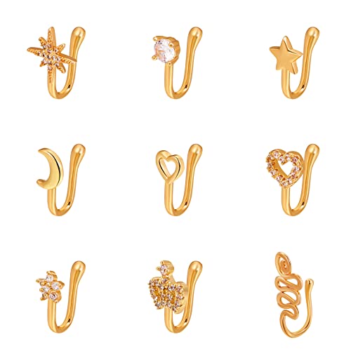 Gilieyer 9Pcs Fake Nasenringe, Faux Nasenpiercing Schmuck Clip On Nasenring Septum Knorpel Tragus Ring Nicht Piercing Nasenring Gold Afrikanische Nasenmanschette für Frauen Männer von Gilieyer