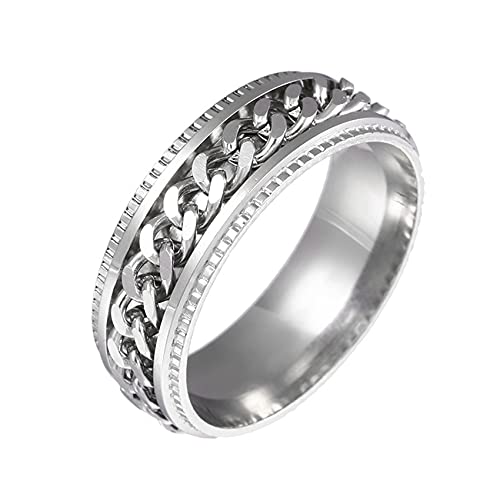 Gilieyer Edelstahl Spinner Ringe, 8MM Fidget Ring für Männer Schwarz/Blau/Silber Drehbar Cuban Link Intertwine/Doppelkette Daumenring Größe 6-11 (Silber, 6) von Gilieyer