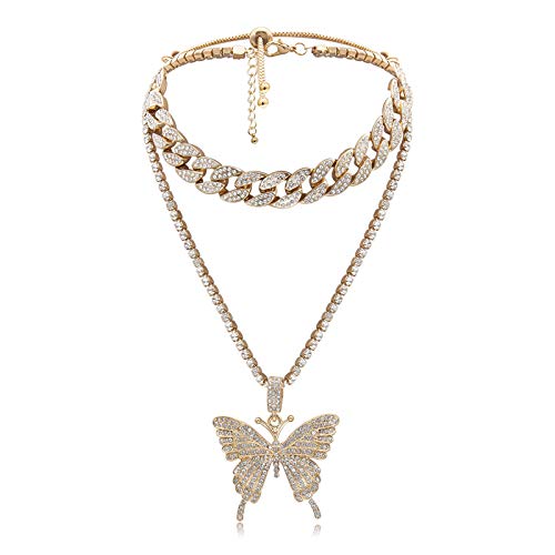 Gilieyer Schmetterling Cuban Link Halskette - Mode Hip Hop Kette Mit Bling Bling Strass Choker Schmuck für Frauen (Gold) von Gilieyer