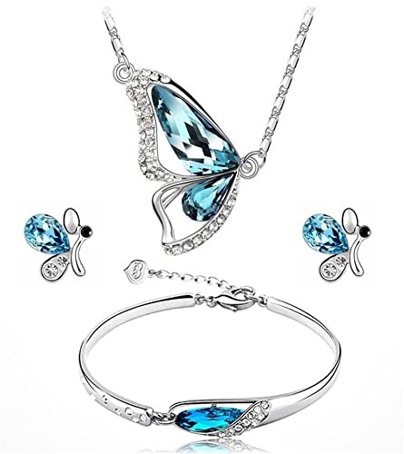 Gilieyer Schmetterlings Schmuckset, Strass Kristall blaue Schmetterlinge Halskette/Ohrringe/Armband Geschenke Damen Hochzeit Braut Halskette Ohrhänger Set Statement Jubiläums Schmuck (Blau) von Gilieyer