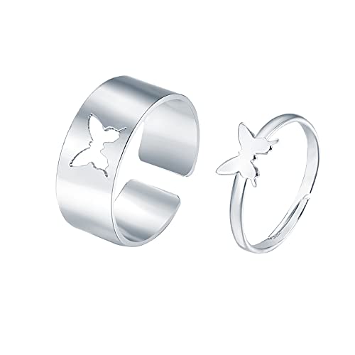 Gilieyer Schmetterlingsringe für Damen, passende Ringe für Paare, modische zarte Ringe, Schmetterlingsringe, verstellbarer Schmuck, passend für Freundschaft, zartes Ring-Set, Silber von Gilieyer