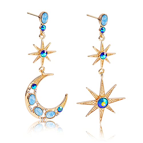 Gilieyer Stern und Mond Ohrringe, Böhmische Ohrringe Zierliche Lange Ohrringe Asymmetrie Halbmond Stern Ohrstecker Ohrringe Mond Sterne Vergoldet Retro Schmuck (Style 2) von Gilieyer