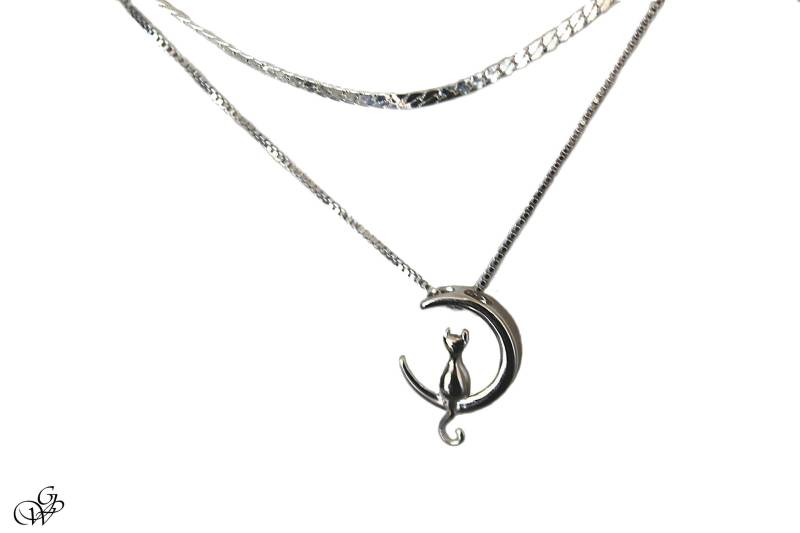 925 Silber Mondsichel Katze Halskette, Milchstraße Kette, Sitzt Auf Einer von GillWellsCreations