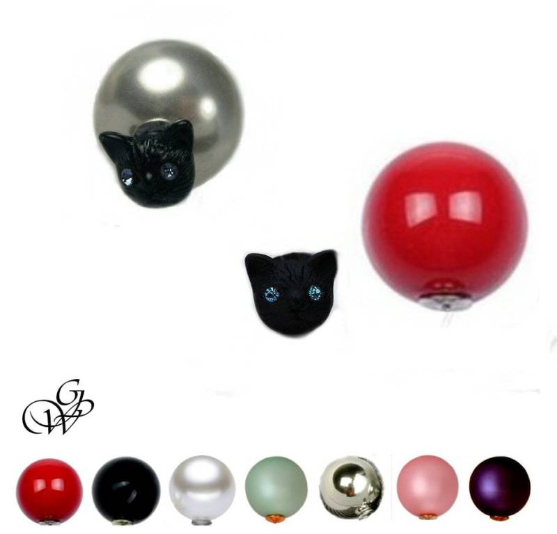 Doppelter Schwarzer Katzenohrring Mit Blauen Kristallaugen, Farbperle Ihrer Wahl von GillWellsCreations