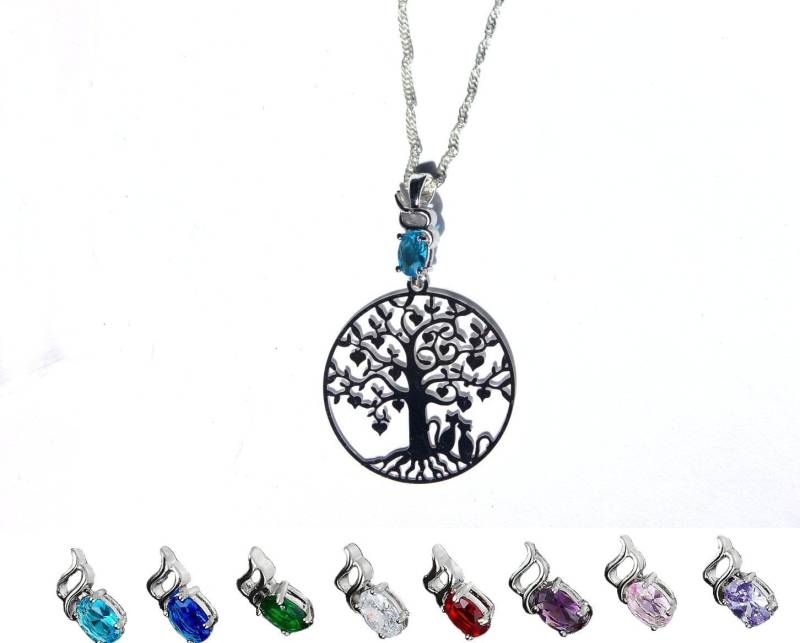 Halskette „2 Verliebte Katzen Unter Einem Lebensbaum Mit Aquamarin-Eule" von GillWellsCreations